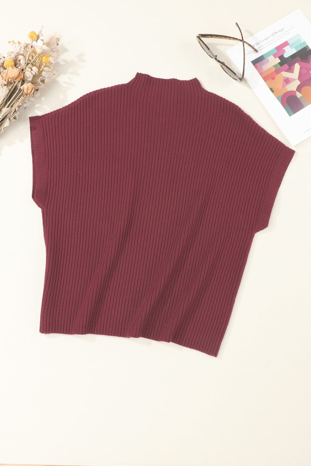 Pink Ribbed Knit Short Sleeve Sweater with Patch Pockets