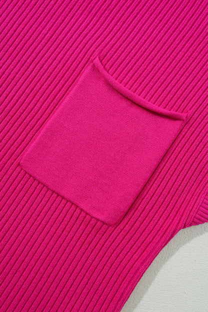 Pink Ribbed Knit Short Sleeve Sweater with Patch Pockets