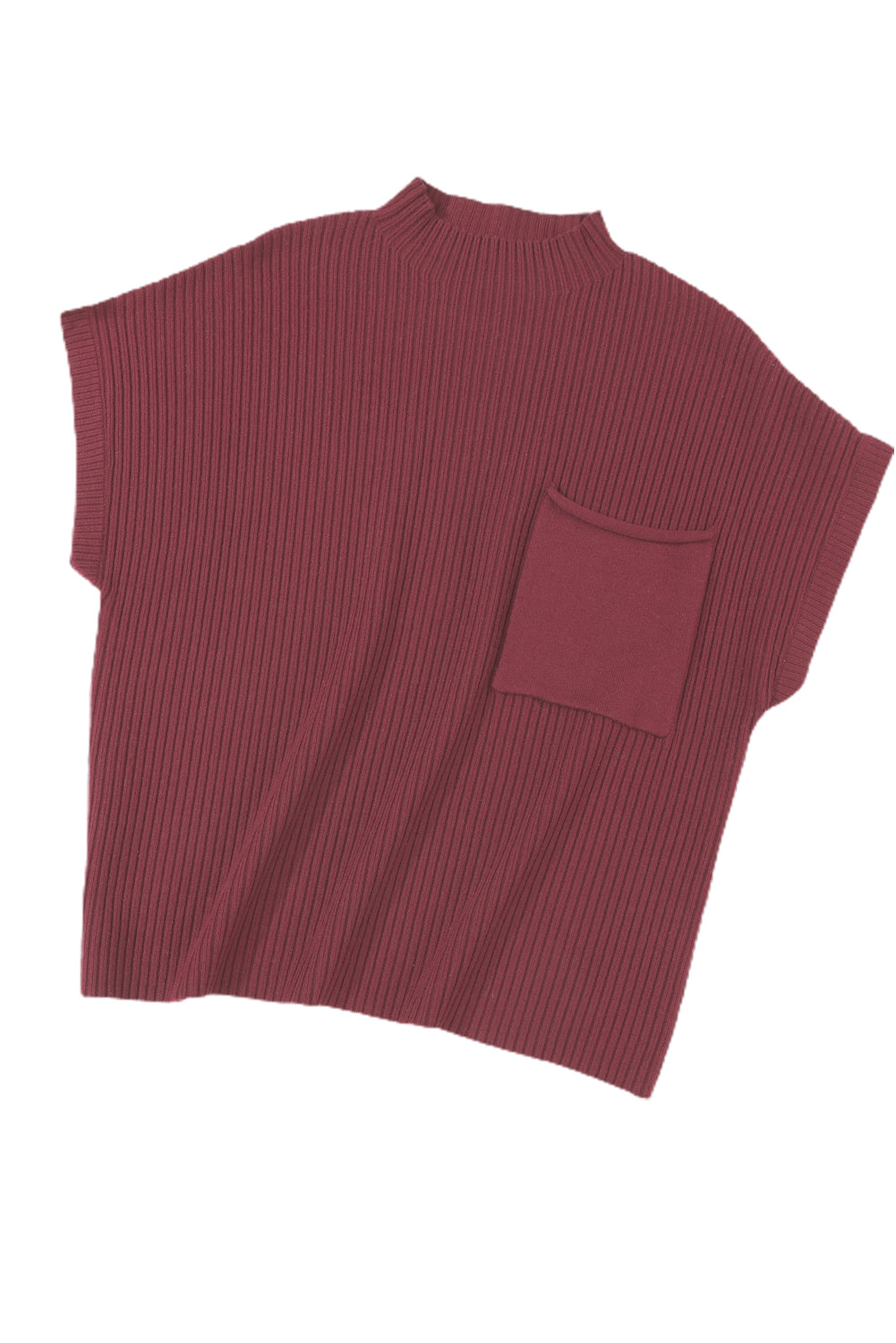 Pink Ribbed Knit Short Sleeve Sweater with Patch Pockets