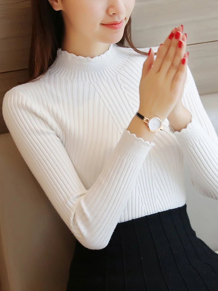 2024 Autumn Women Mock Neck Ruffles Sweater - dellidu.com - WHITE - 2024 Autumn Women Mock Neck Ruffles Sweater - One Size - 2024 Autumn Women Mock Neck Ruffles Sweater - 14:29;5:200003528 - dellidu.com