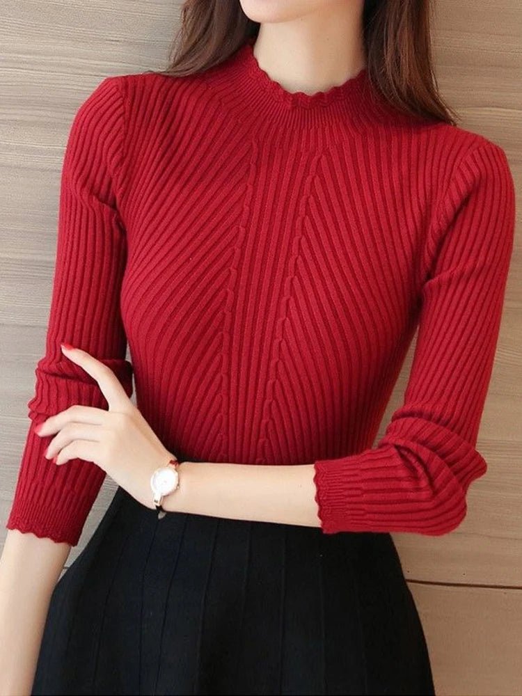 2024 Autumn Women Mock Neck Ruffles Sweater - dellidu.com - Pink - 2024 Autumn Women Mock Neck Ruffles Sweater - One Size - 2024 Autumn Women Mock Neck Ruffles Sweater - 14:1052;5:200003528 - dellidu.com