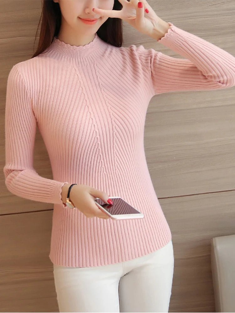 2024 Autumn Women Mock Neck Ruffles Sweater - dellidu.com - Pink - 2024 Autumn Women Mock Neck Ruffles Sweater - One Size - 2024 Autumn Women Mock Neck Ruffles Sweater - 14:1052;5:200003528 - dellidu.com