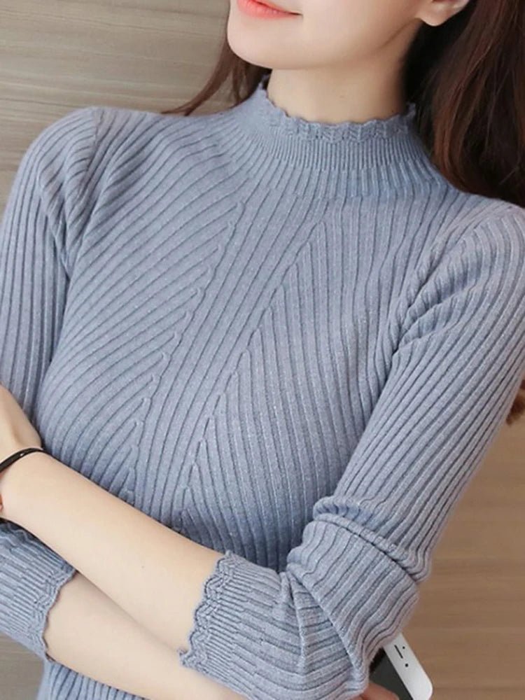 2024 Autumn Women Mock Neck Ruffles Sweater - dellidu.com - GRAY - 2024 Autumn Women Mock Neck Ruffles Sweater - One Size - 2024 Autumn Women Mock Neck Ruffles Sweater - 14:691;5:200003528 - dellidu.com