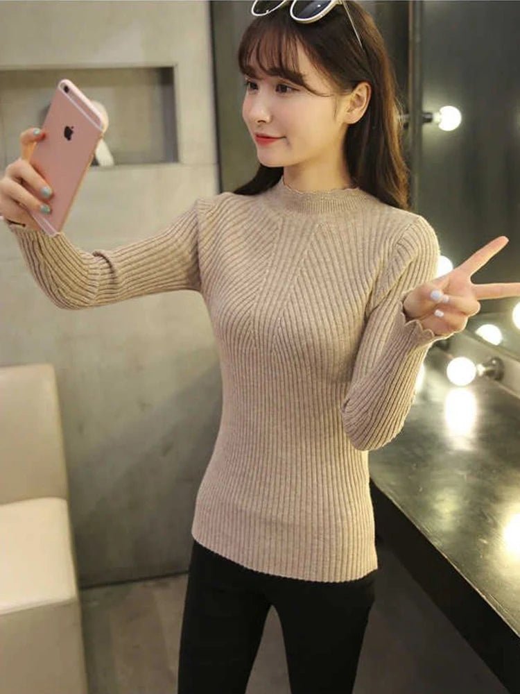 2024 Autumn Women Mock Neck Ruffles Sweater - dellidu.com - Pink - 2024 Autumn Women Mock Neck Ruffles Sweater - One Size - 2024 Autumn Women Mock Neck Ruffles Sweater - 14:1052;5:200003528 - dellidu.com