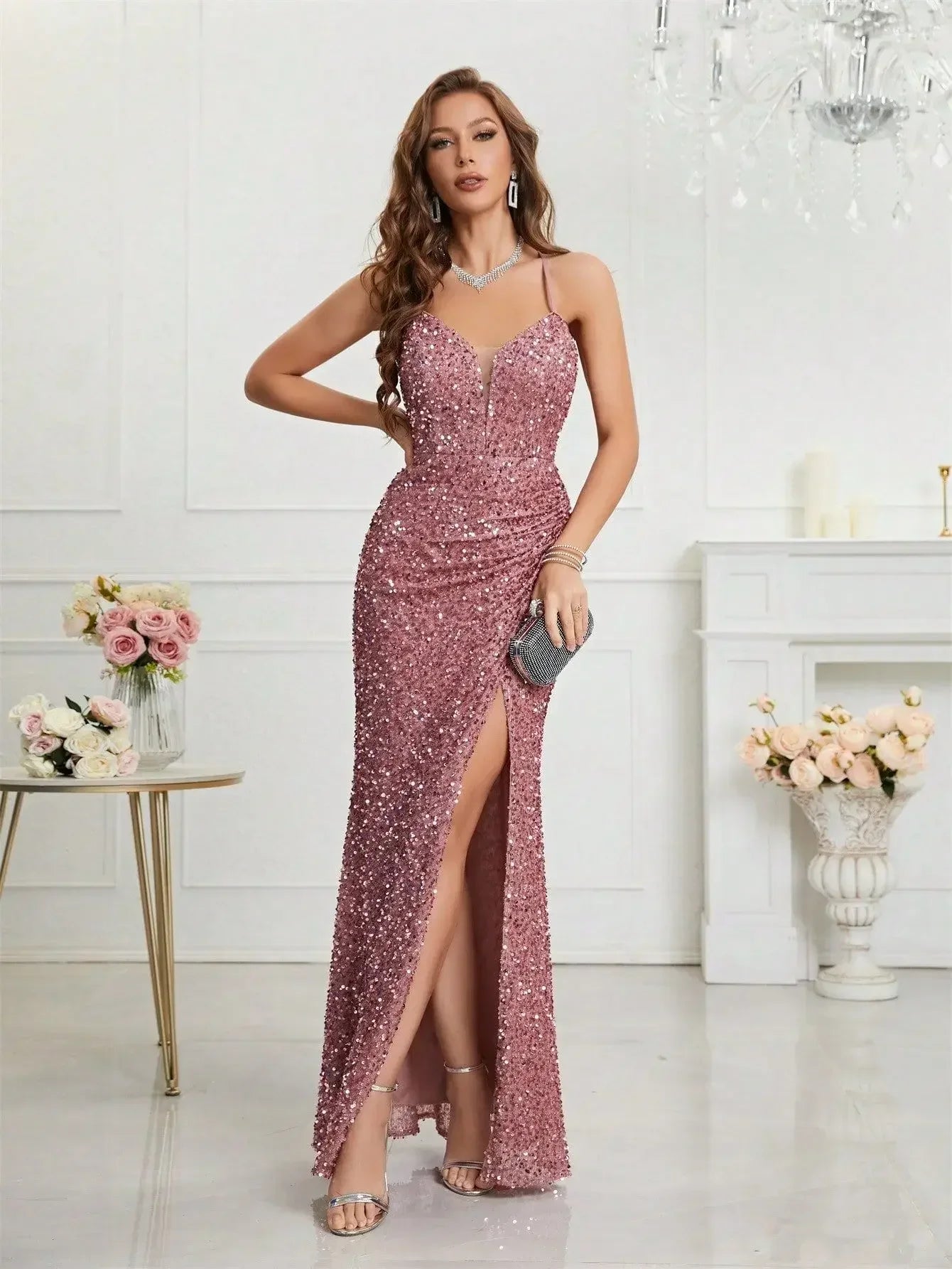 2024 V - Neck Spaghetti Strap Sequined Evening Prom Dress - dellidu.com - Pink - 2024 V - Neck Spaghetti Strap Sequined Evening Prom Dress - S - 2024 V - Neck Spaghetti Strap Sequined Evening Prom Dress - 14:771#Pink;5:100014064 - dellidu.com