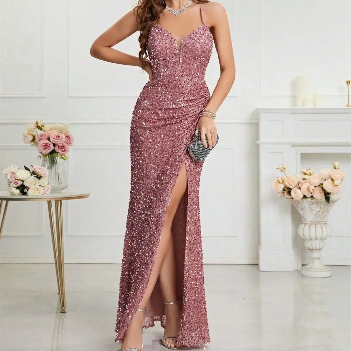 2024 V - Neck Spaghetti Strap Sequined Evening Prom Dress - dellidu.com - Apricot - 2024 V - Neck Spaghetti Strap Sequined Evening Prom Dress - S - 2024 V - Neck Spaghetti Strap Sequined Evening Prom Dress - 14:193#Apricot;5:100014064 - dellidu.com