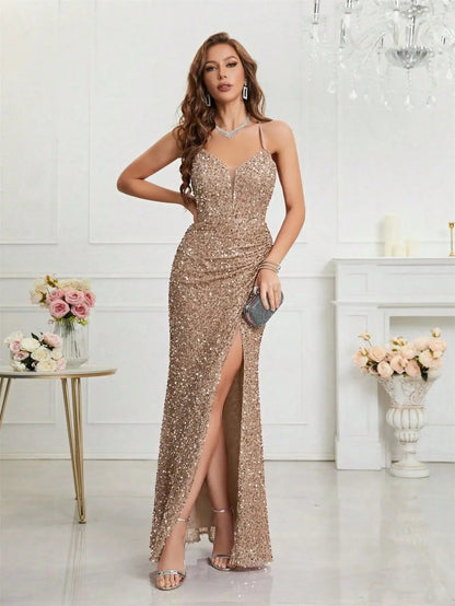 2024 V - Neck Spaghetti Strap Sequined Evening Prom Dress - dellidu.com - Apricot - 2024 V - Neck Spaghetti Strap Sequined Evening Prom Dress - S - 2024 V - Neck Spaghetti Strap Sequined Evening Prom Dress - 14:193#Apricot;5:100014064 - dellidu.com