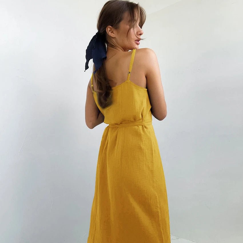 2024 Women's 100% Cotton Summer Dress - Sexy V - Neck & Adjustable Straps - dellidu.com - yellow - 2024 Women's 100% Cotton Summer Dress - Sexy V - Neck & Adjustable Straps - S - CHINA - 2024 Women's 100% Cotton Summer Dress - Sexy V - Neck & Adjustable Straps - 14:771#yellow;200007763:201336100;5:100014064 - dellidu.com