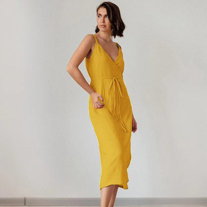 2024 Women's 100% Cotton Summer Dress - Sexy V - Neck & Adjustable Straps - dellidu.com - yellow - 2024 Women's 100% Cotton Summer Dress - Sexy V - Neck & Adjustable Straps - S - CHINA - 2024 Women's 100% Cotton Summer Dress - Sexy V - Neck & Adjustable Straps - 14:771#yellow;200007763:201336100;5:100014064 - dellidu.com