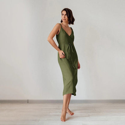 2024 Women's 100% Cotton Summer Dress - Sexy V - Neck & Adjustable Straps - dellidu.com - green - 2024 Women's 100% Cotton Summer Dress - Sexy V - Neck & Adjustable Straps - S - CHINA - 2024 Women's 100% Cotton Summer Dress - Sexy V - Neck & Adjustable Straps - 14:1254#green;200007763:201336100;5:100014064 - dellidu.com