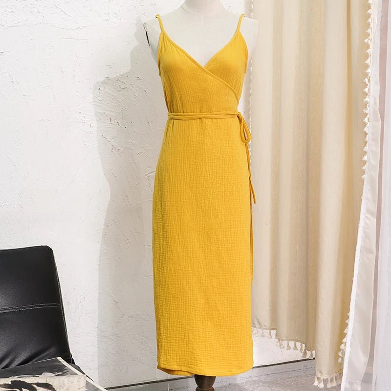 2024 Women's 100% Cotton Summer Dress - Sexy V - Neck & Adjustable Straps - dellidu.com - yellow - 2024 Women's 100% Cotton Summer Dress - Sexy V - Neck & Adjustable Straps - S - CHINA - 2024 Women's 100% Cotton Summer Dress - Sexy V - Neck & Adjustable Straps - 14:771#yellow;200007763:201336100;5:100014064 - dellidu.com