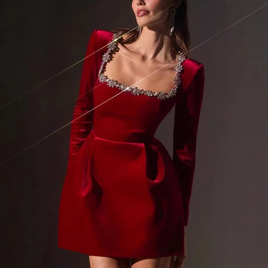 2025 Red Velvet Evening Mini Dress with Rhinestones - dellidu.com - red - 2025 Red Velvet Evening Mini Dress with Rhinestones - XL - 2025 Red Velvet Evening Mini Dress with Rhinestones - 14:10#red;5:100014065 - dellidu.com