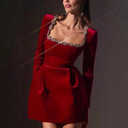 2025 Red Velvet Evening Mini Dress with Rhinestones - dellidu.com - red - 2025 Red Velvet Evening Mini Dress with Rhinestones - XL - 2025 Red Velvet Evening Mini Dress with Rhinestones - 14:10#red;5:100014065 - dellidu.com