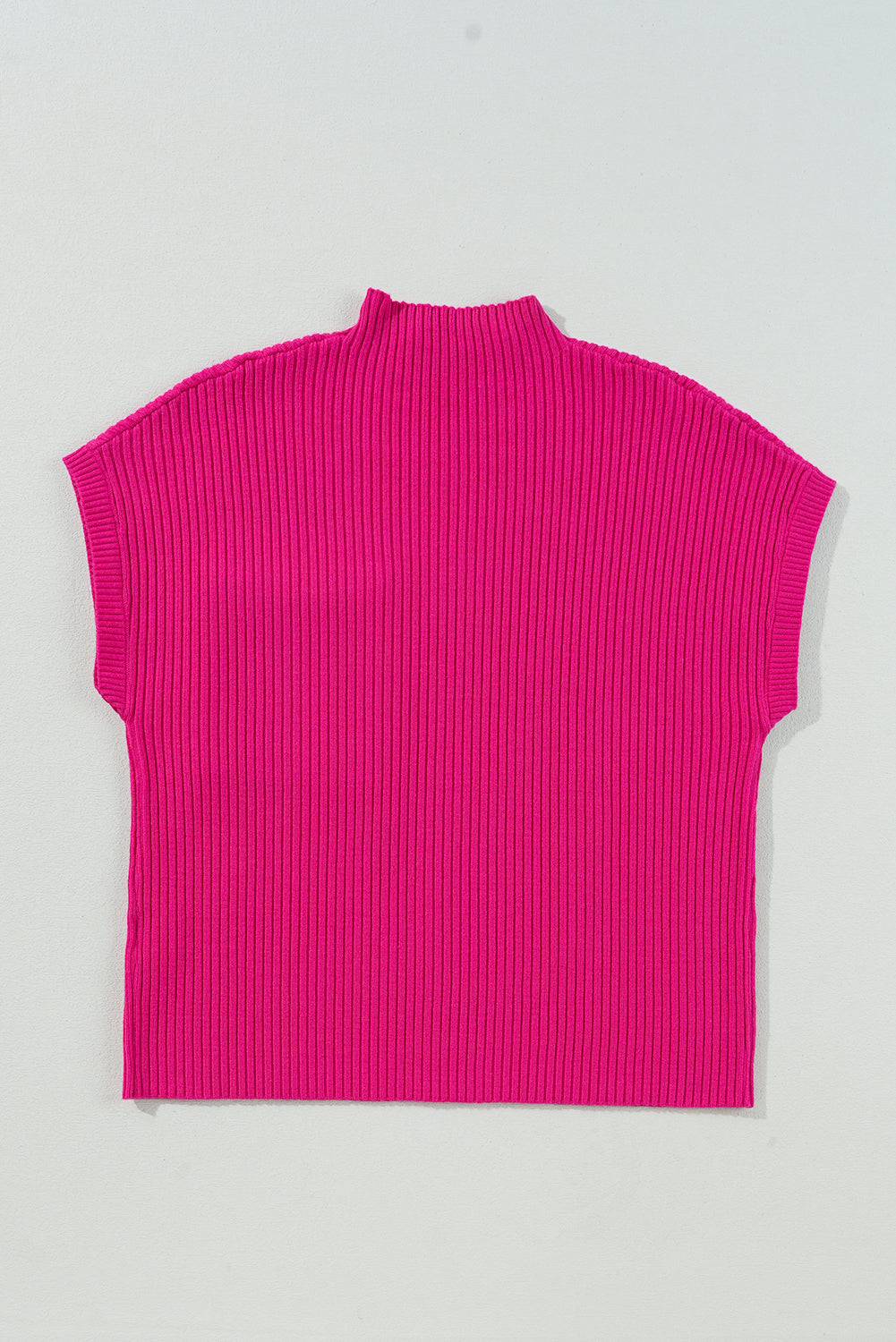 Pink Ribbed Knit Short Sleeve Sweater with Patch Pockets