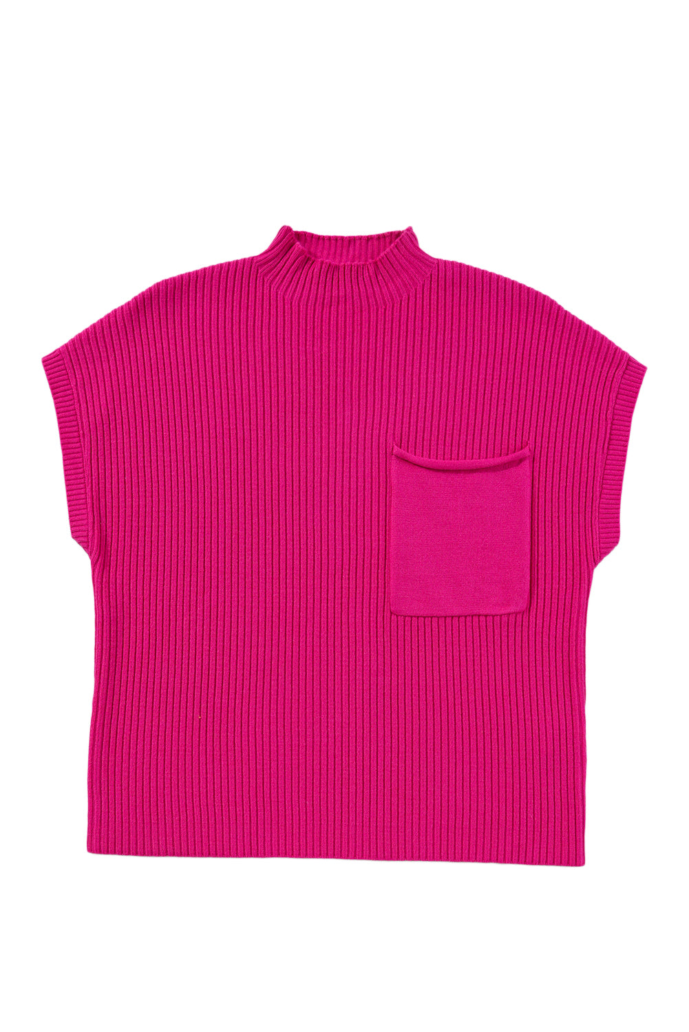 Pink Ribbed Knit Short Sleeve Sweater with Patch Pockets