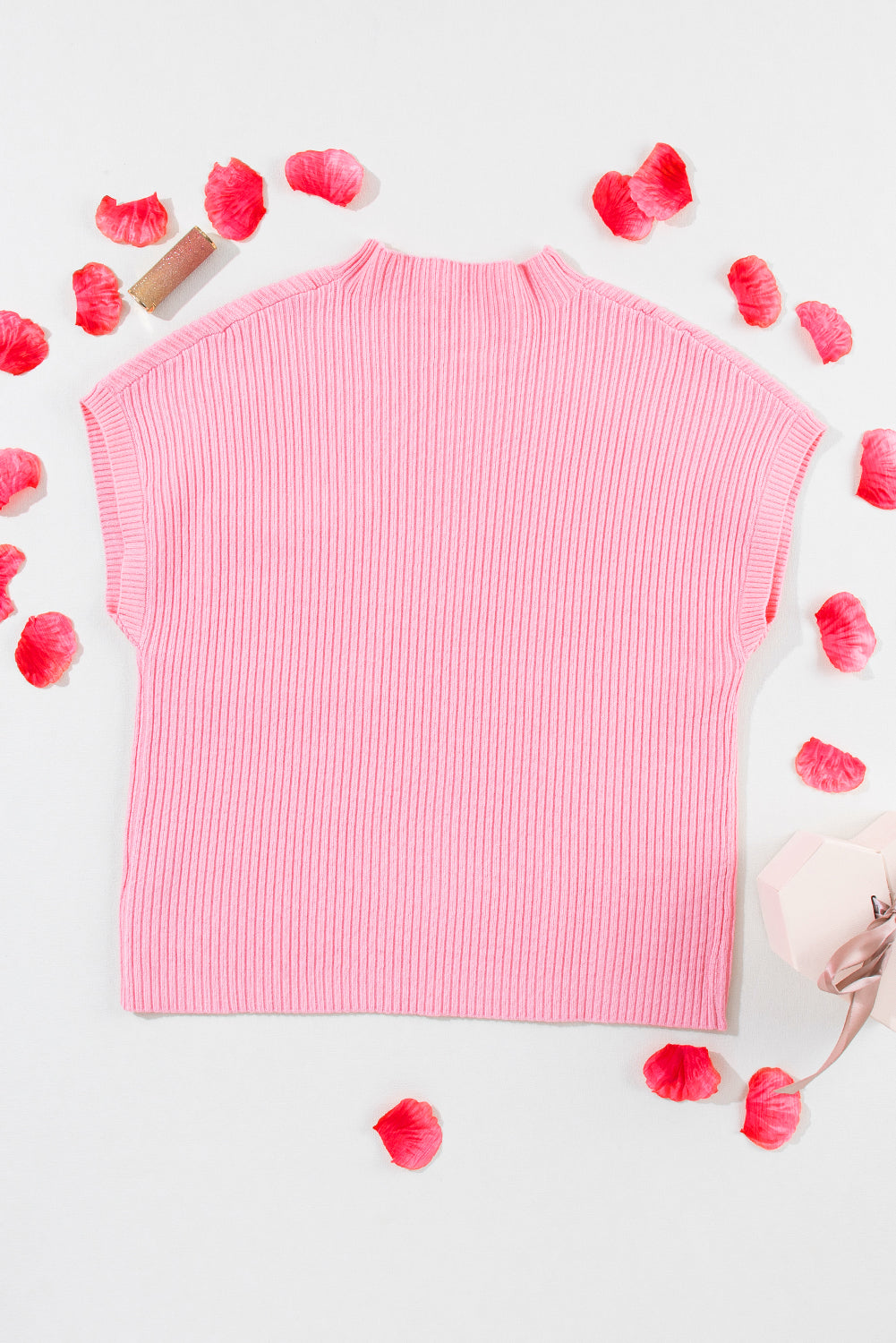 Pink Ribbed Knit Short Sleeve Sweater with Patch Pockets