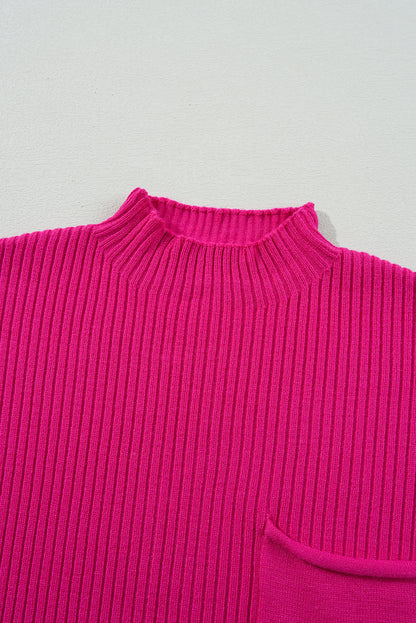 Pink Ribbed Knit Short Sleeve Sweater with Patch Pockets