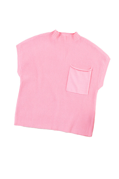 Pink Ribbed Knit Short Sleeve Sweater with Patch Pockets