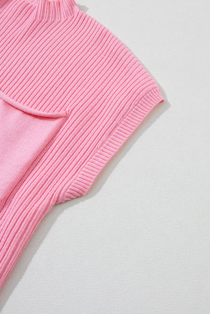 Pink Ribbed Knit Short Sleeve Sweater with Patch Pockets