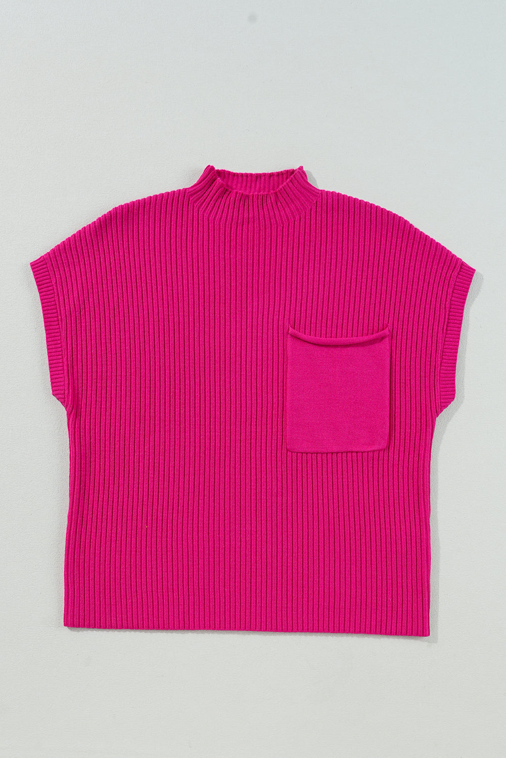 Pink Ribbed Knit Short Sleeve Sweater with Patch Pockets