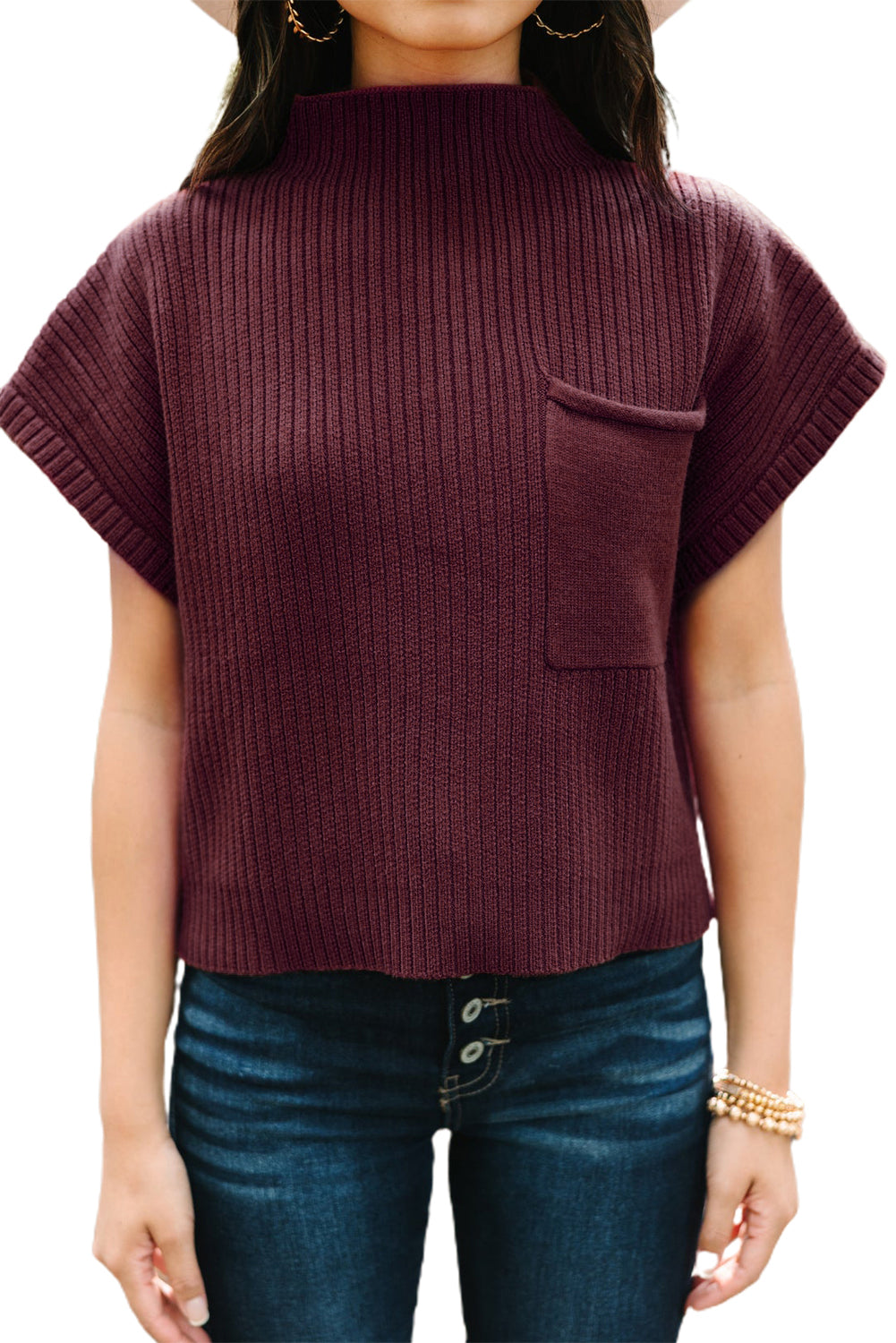 Pink Ribbed Knit Short Sleeve Sweater with Patch Pockets