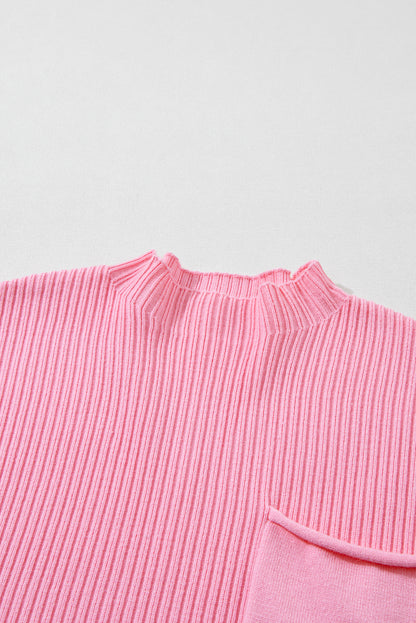 Pink Ribbed Knit Short Sleeve Sweater with Patch Pockets