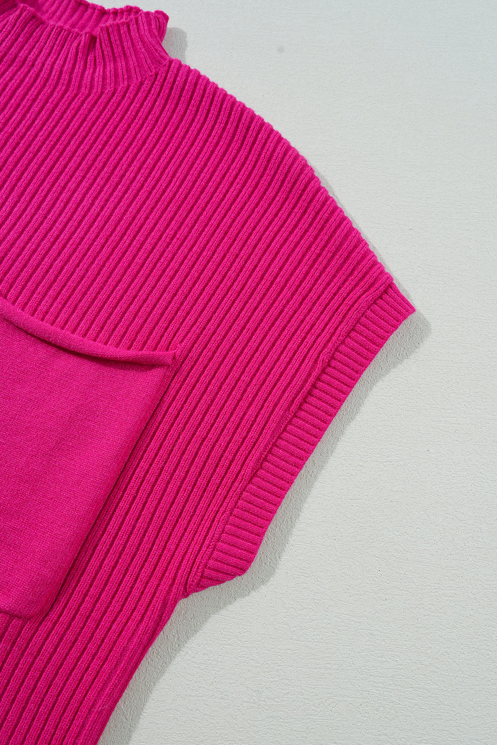 Pink Ribbed Knit Short Sleeve Sweater with Patch Pockets