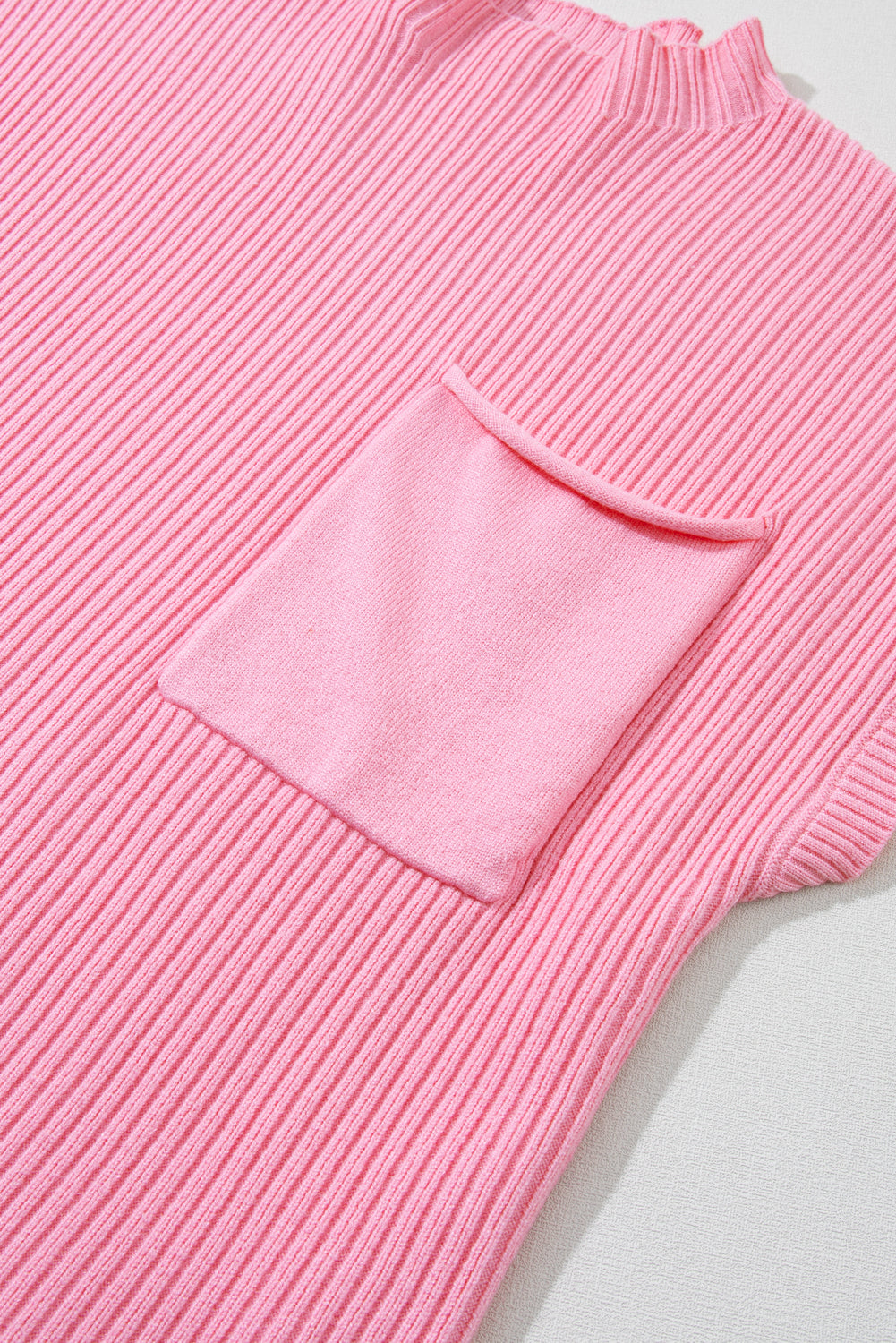 Pink Ribbed Knit Short Sleeve Sweater with Patch Pockets