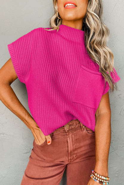 Pink Ribbed Knit Short Sleeve Sweater with Patch Pockets