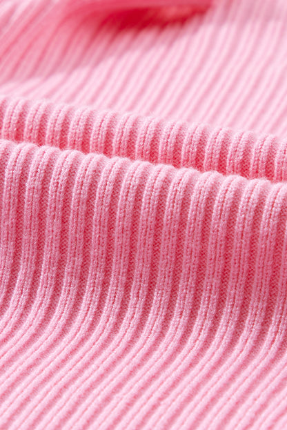 Pink Ribbed Knit Short Sleeve Sweater with Patch Pockets