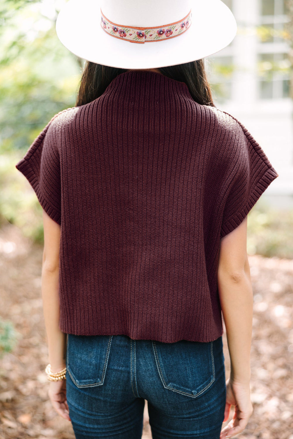 Pink Ribbed Knit Short Sleeve Sweater with Patch Pockets