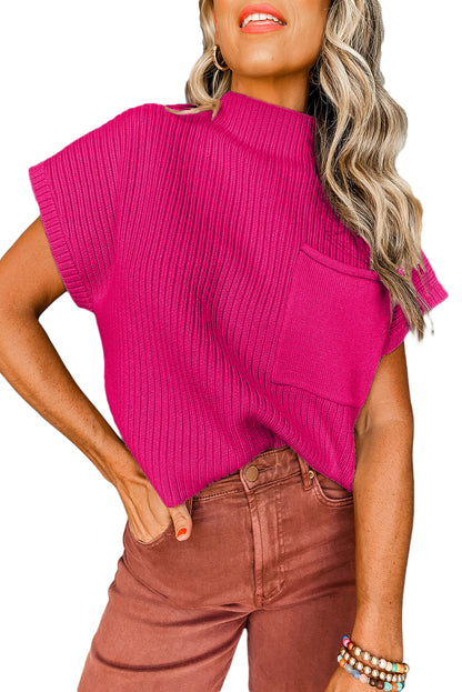 Pink Ribbed Knit Short Sleeve Sweater with Patch Pockets