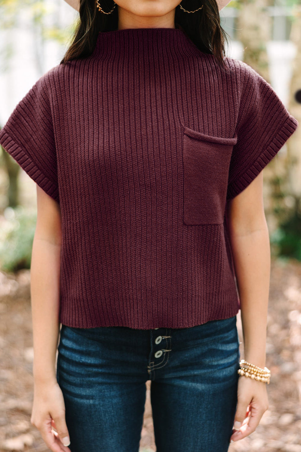 Pink Ribbed Knit Short Sleeve Sweater with Patch Pockets