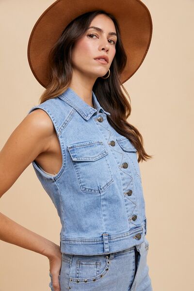 Annie Wear Collared Neck Button Down Denim Vest - dellidu.com - 100100606752744 - Medium - 56fdc69f - d63a - 43a9 - a4ee - 09cac4ece265 - Min - M - 56fdc69f - d63a - 43a9 - a4ee - 09cac4ece265 - Min - 100100606752744 - Trendsi