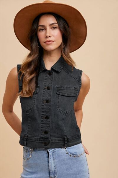 Annie Wear Collared Neck Button Down Denim Vest - dellidu.com - 100100827904057 - Black - 2abeb25c - a62d - 402d - 99aa - 7f4ed3b58489 - Min - XL - 2abeb25c - a62d - 402d - 99aa - 7f4ed3b58489 - Min - 100100827904057 - Trendsi