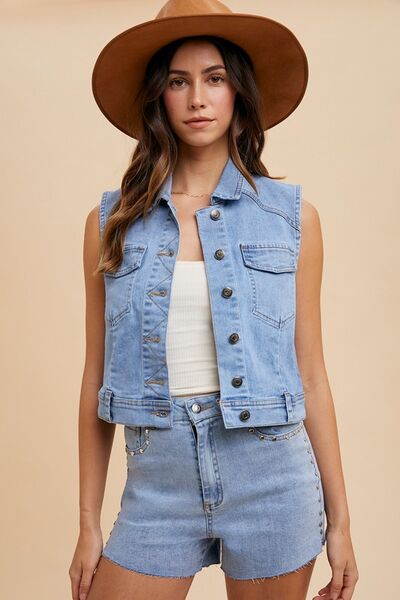 Annie Wear Collared Neck Button Down Denim Vest - dellidu.com - 100100606752744 - Medium - a633f5ae - 04f9 - 48f5 - 9d67 - c6ac6f81ca11 - Min - M - a633f5ae - 04f9 - 48f5 - 9d67 - c6ac6f81ca11 - Min - 100100606752744 - Trendsi