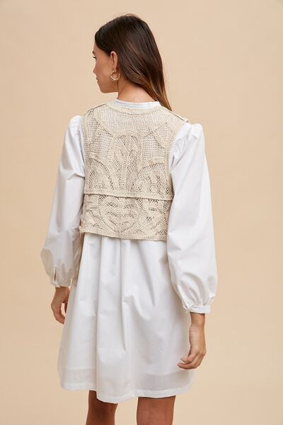 Annie Wear Crochet Vest Notched Long Sleeve Shirt Dress - dellidu.com - 100100116941207 - White - 9cd3432e - 46af - 48a7 - 9838 - 9f273e6d65ff - Min - S - 9cd3432e - 46af - 48a7 - 9838 - 9f273e6d65ff - Min - 100100116941207 - Trendsi