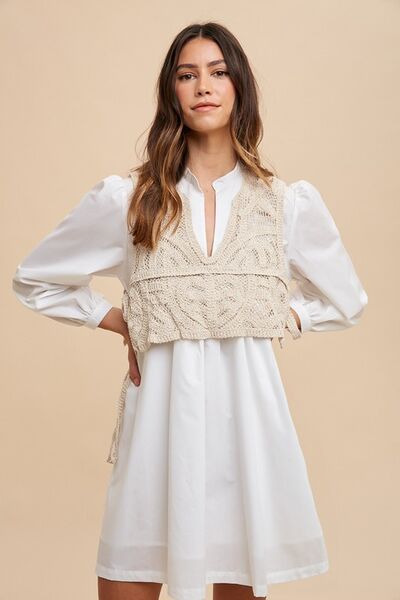 Annie Wear Crochet Vest Notched Long Sleeve Shirt Dress - dellidu.com - 100100116941207 - White - 646bfc90 - 3da8 - 4b7e - 85aa - 5cfc6e2c0548 - Min - S - 646bfc90 - 3da8 - 4b7e - 85aa - 5cfc6e2c0548 - Min - 100100116941207 - Trendsi