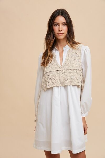 Annie Wear Crochet Vest Notched Long Sleeve Shirt Dress - dellidu.com - 100100116941207 - White - ba8579cb - 439c - 454b - 82ee - 0257e3084211 - Min - S - ba8579cb - 439c - 454b - 82ee - 0257e3084211 - Min - 100100116941207 - Trendsi