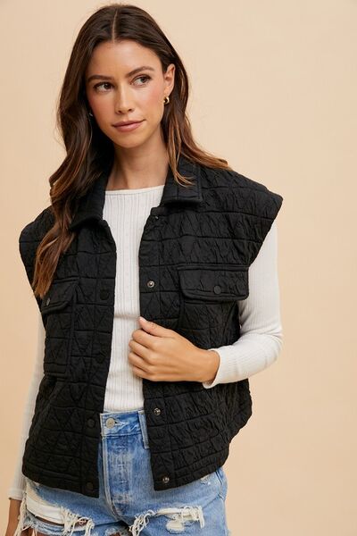 Annie Wear Texture Quilted Snap Down Vest Coat - dellidu.com - 100100163081609 - Black - 4901cf76 - e3a0 - 433c - a090 - 8565997b7e38 - Min - S - 4901cf76 - e3a0 - 433c - a090 - 8565997b7e38 - Min - 100100163081609 - Trendsi