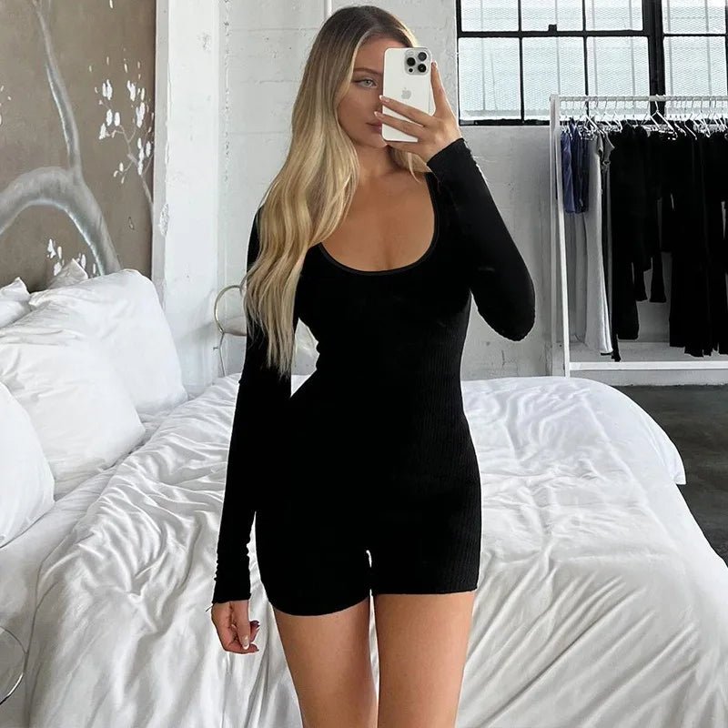 Autumn Black Bodycon Playsuit for Women - dellidu.com - Black - Autumn Black Bodycon Playsuit for Women - L - Autumn Black Bodycon Playsuit for Women - 14:193#Black;5:361385 - dellidu.com