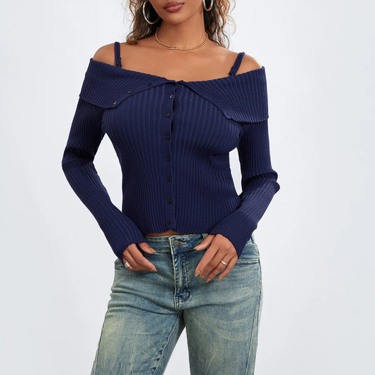 Autumn Winter Slim Ribbed Off Shoulder Sweater for Women - dellidu.com - Blue - Autumn Winter Slim Ribbed Off Shoulder Sweater for Women - M - Autumn Winter Slim Ribbed Off Shoulder Sweater for Women - 14:173;5:361386 - dellidu.com