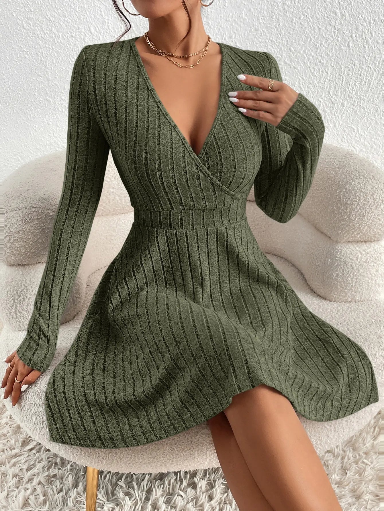 Autumn/Winter 2024 Women's V - Neck Knit Bodycon Dress - dellidu.com - army green 07468 - 8 - Autumn/Winter 2024 Women's V - Neck Knit Bodycon Dress - S - Autumn/Winter 2024 Women's V - Neck Knit Bodycon Dress - 14:200004889#army green 07468 - 8;5:100014064 - dellidu.com