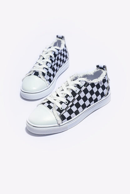 Black Checkered Print Raw Edge Lace - up Canvas Sneakers - dellidu.com - Sneakers - 208919001663 - Black - Black Checkered Print Raw Edge Lace - up Canvas Sneakers - 35 - Black Checkered Print Raw Edge Lace - up Canvas Sneakers - BH02609 - 2 - 35 - Shewin