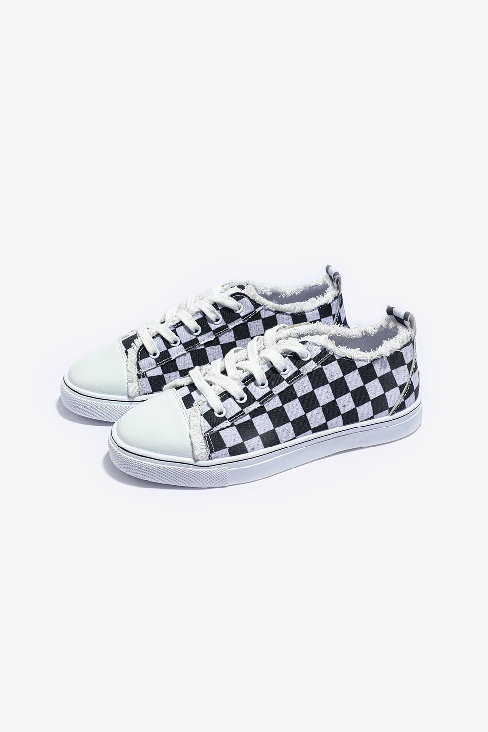 Black Checkered Print Raw Edge Lace - up Canvas Sneakers - dellidu.com - Sneakers - 208919001663 - Black - Black Checkered Print Raw Edge Lace - up Canvas Sneakers - 35 - Black Checkered Print Raw Edge Lace - up Canvas Sneakers - BH02609 - 2 - 35 - Shewin