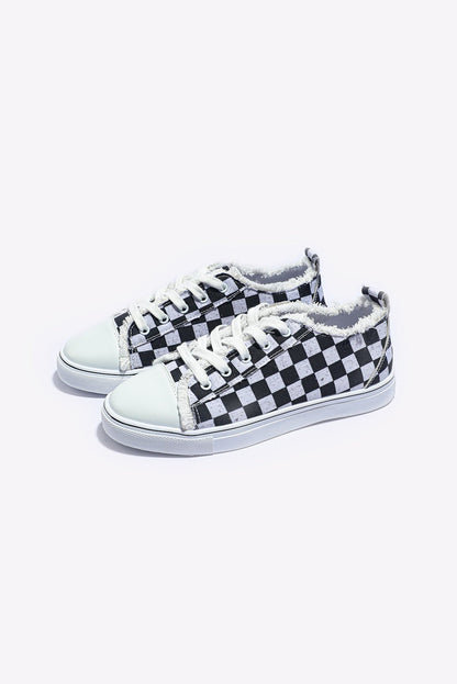 Black Checkered Print Raw Edge Lace - up Canvas Sneakers - dellidu.com - Sneakers - 208919001663 - Black - Black Checkered Print Raw Edge Lace - up Canvas Sneakers - 35 - Black Checkered Print Raw Edge Lace - up Canvas Sneakers - BH02609 - 2 - 35 - Shewin