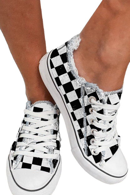 Black Checkered Print Raw Edge Lace - up Canvas Sneakers - dellidu.com - Sneakers - 208919001663 - Black - Black Checkered Print Raw Edge Lace - up Canvas Sneakers - 35 - Black Checkered Print Raw Edge Lace - up Canvas Sneakers - BH02609 - 2 - 35 - Shewin