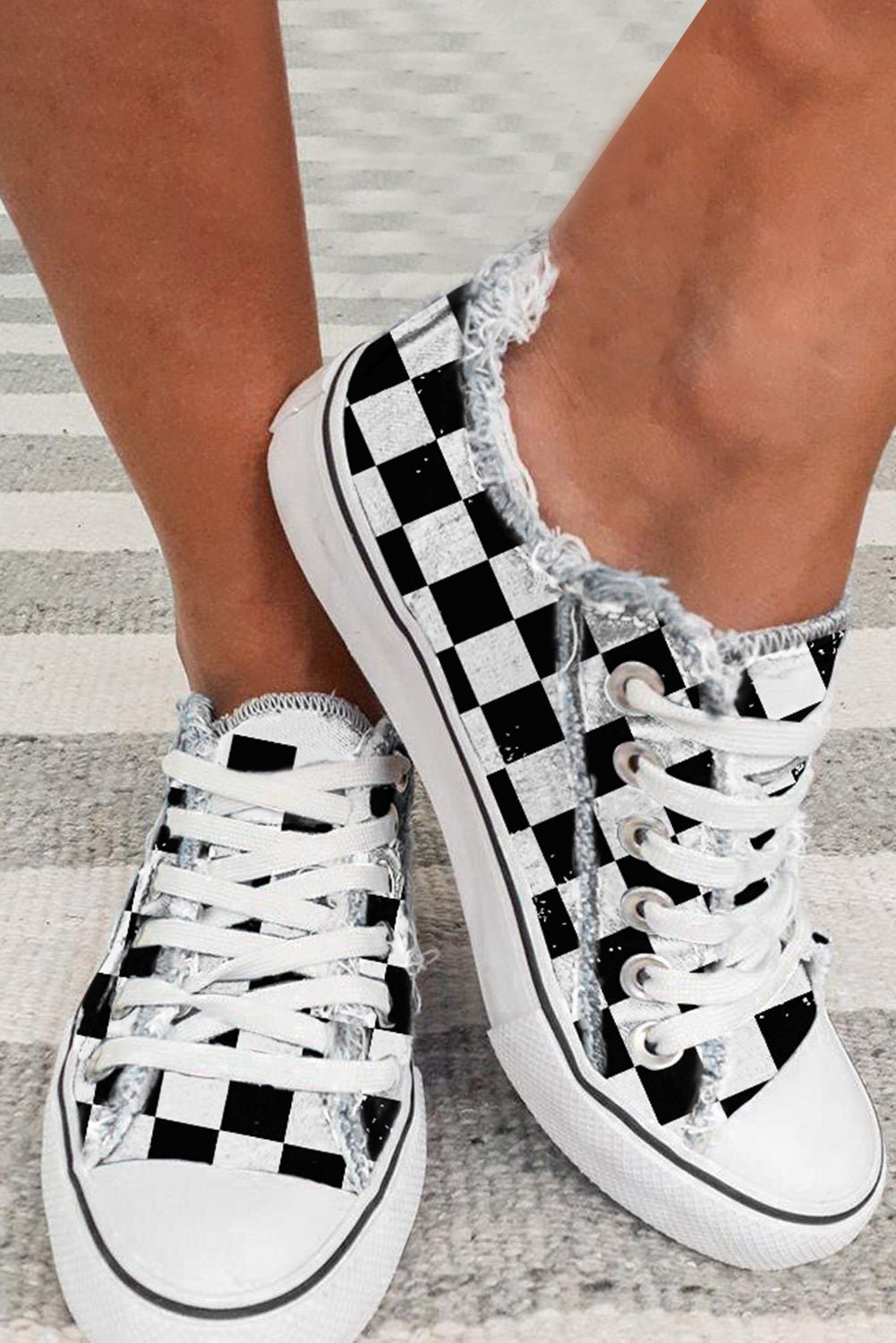 Black Checkered Print Raw Edge Lace - up Canvas Sneakers - dellidu.com - Sneakers - 208919001663 - Black - Black Checkered Print Raw Edge Lace - up Canvas Sneakers - 35 - Black Checkered Print Raw Edge Lace - up Canvas Sneakers - BH02609 - 2 - 35 - Shewin