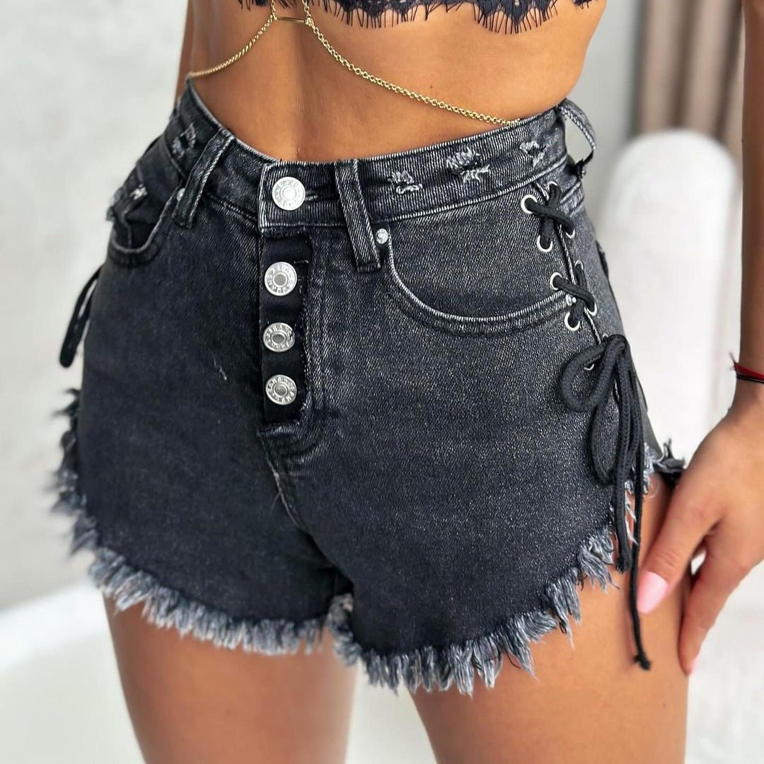 Burrs High Waist Slimming Denim Shorts for Women - dellidu.com - 0 - M1695 Black - Burrs High Waist Slimming Denim Shorts for Women - S - Burrs High Waist Slimming Denim Shorts for Women - CJYD227315304DW - null