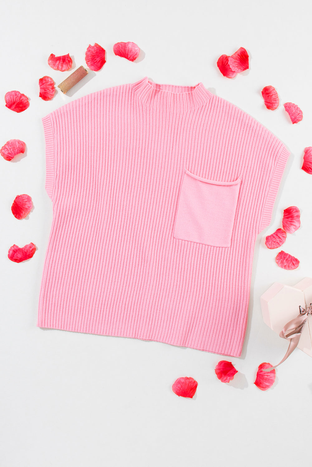 Pink Ribbed Knit Short Sleeve Sweater with Patch Pockets